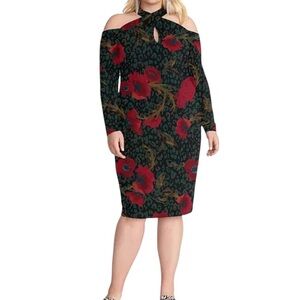 Rachel Roy Plus Size Printed Simone Floral Midi Dress Red Black cold shoulder